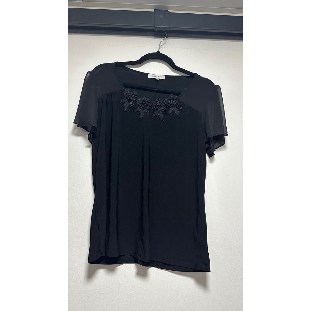 Emma & Olive Womens Black Floral Lace Applique Blouse Top Large